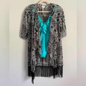 Lularoe Black and White Geometric Monroe Kimono with Black Fringe